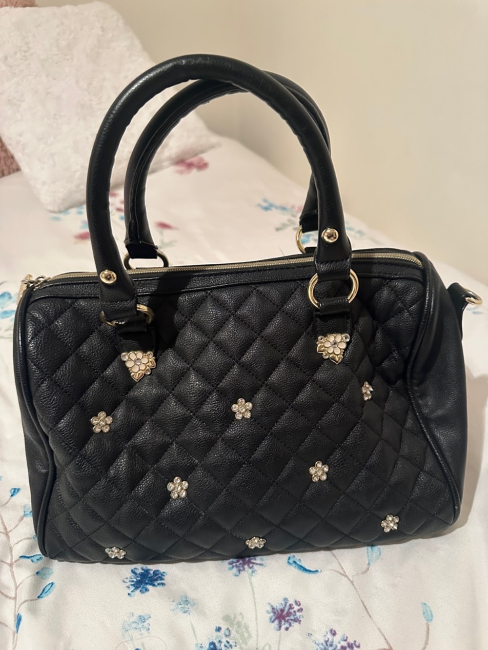 Betsy Johnson Black Quilted Satchel with Floral Jewel Accents
